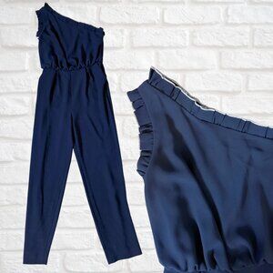 Monique Lhuillier Navy Blue One Shoulder Sleeveless Jumpsuit Size 2 Ruffle